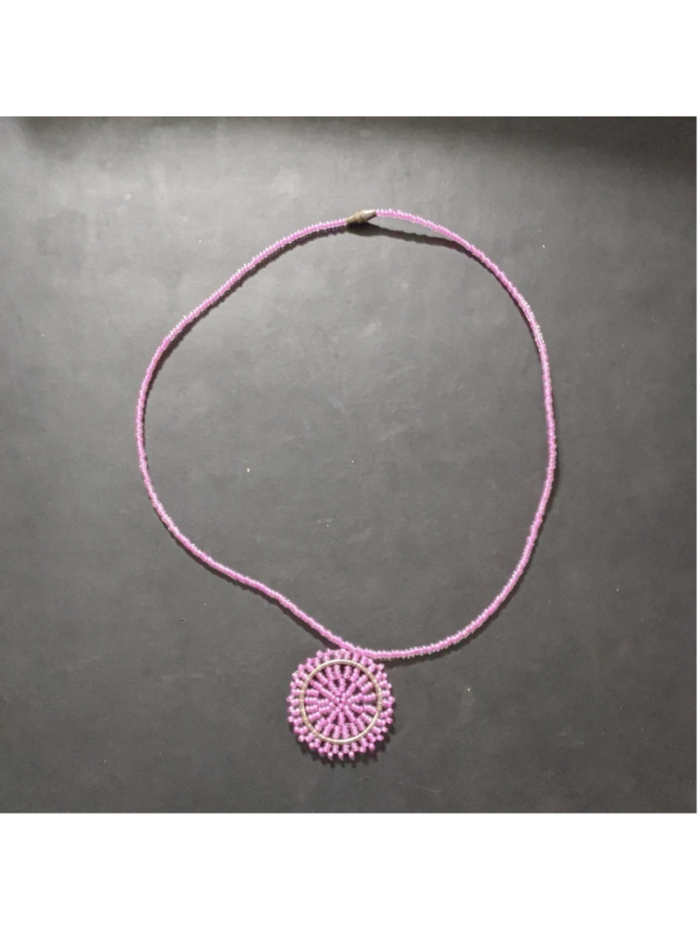 SILVER Tone Pink Beaded Mandala Pendant Statement Necklace